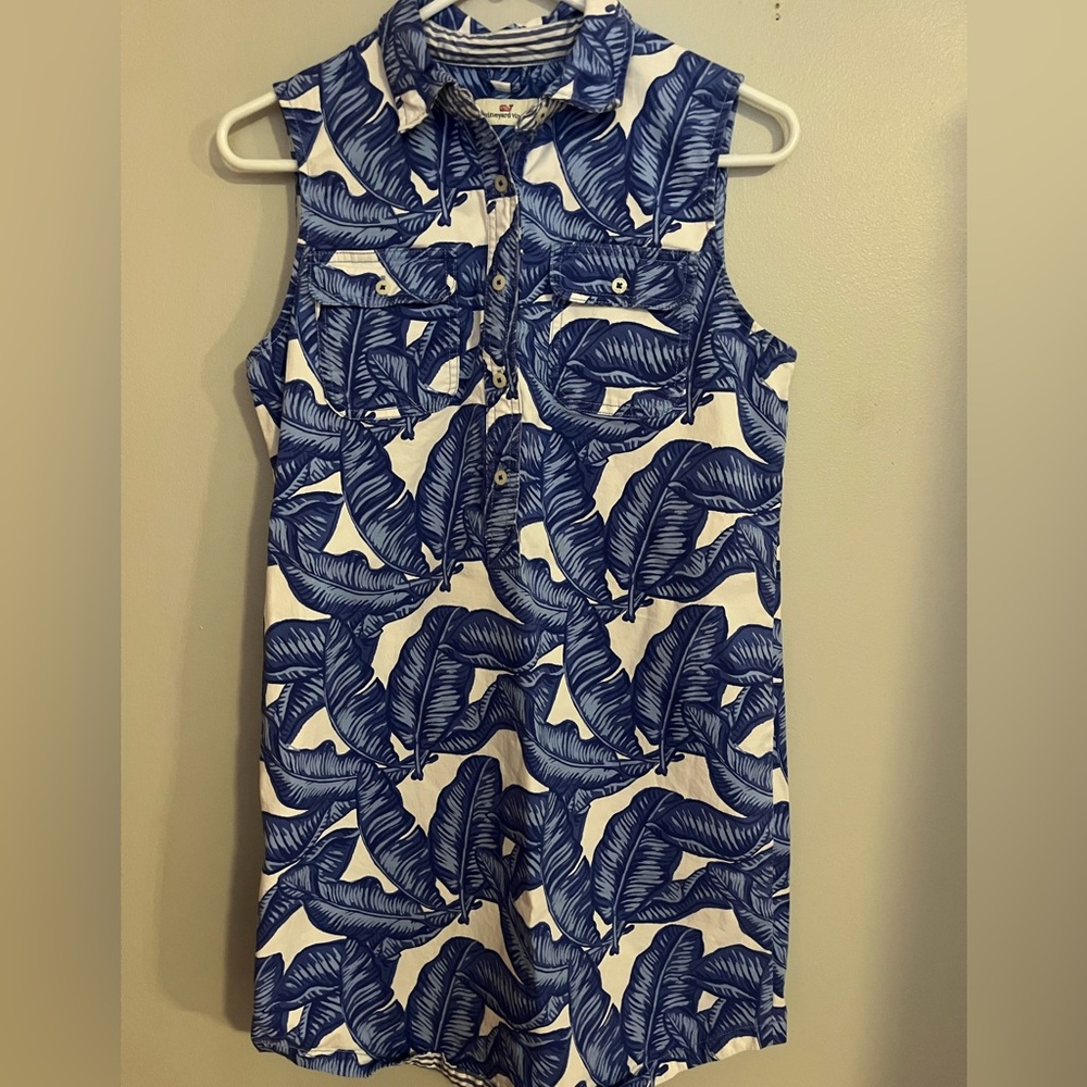 Vineyard Vines Blue and‎ White Margo Sleeveless Leaf Print Dress Size 2